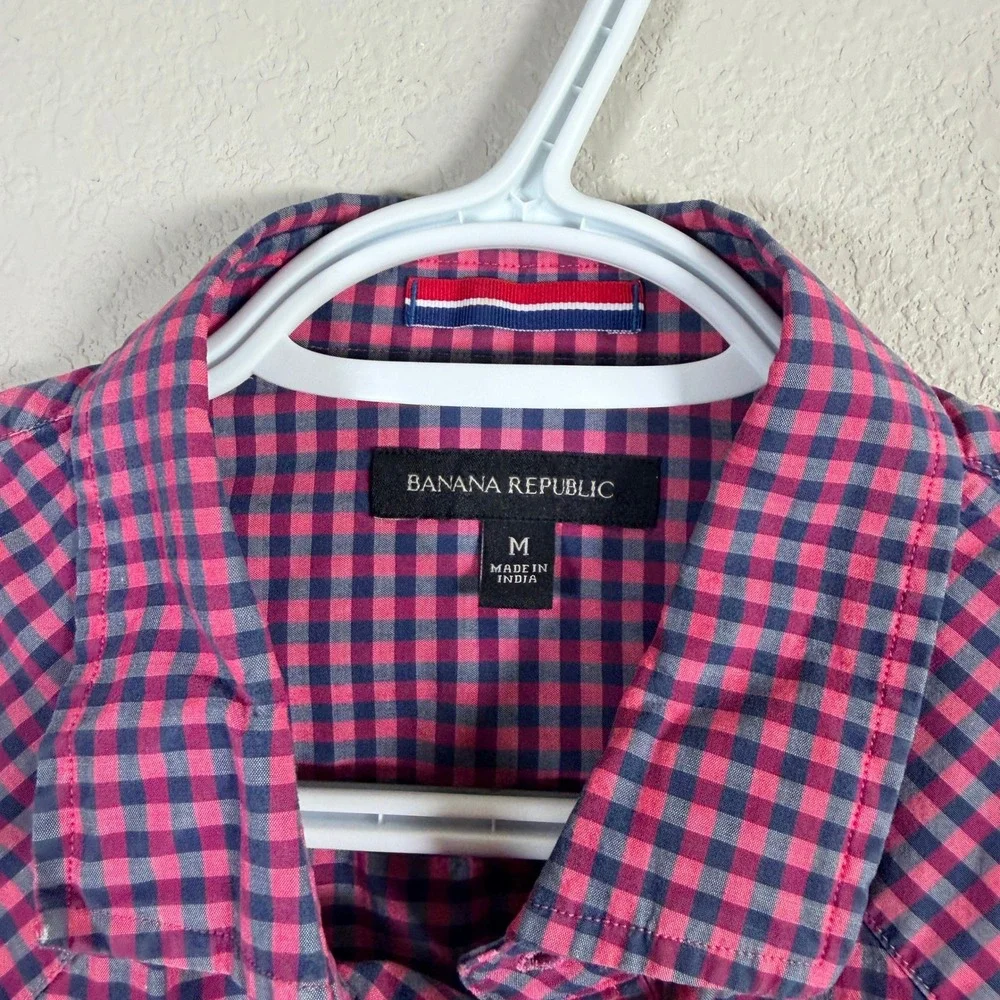 Banana Republic Pearl Snap‎ Western Shirt Mens M Pink Gingham Stretch S/S
